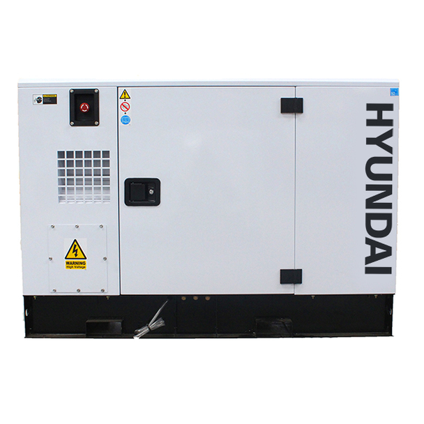 Left side view of White Hyundai DHY11KSE 3-phase Diesel Generator.