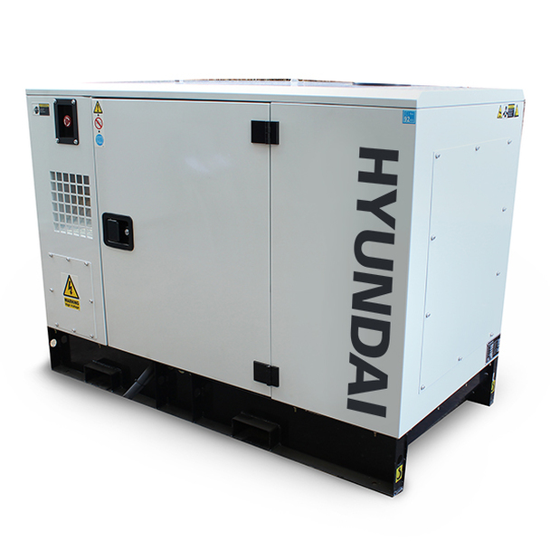 Side view of White Hyundai DHY11KSE 3-phase Diesel Generator.
